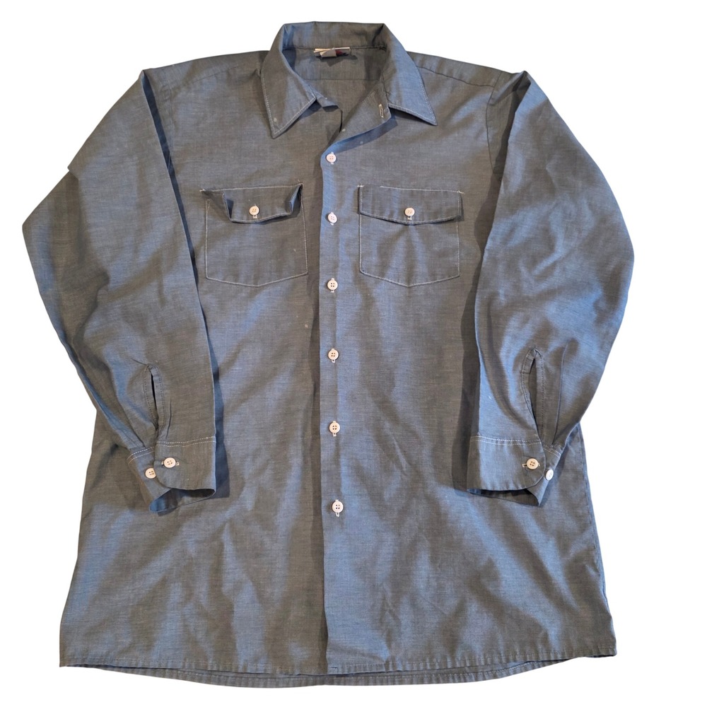 Vintage Dickies Work Shirt Mens 16-16.5 Blue Long Sleeve Made in USA RN20697
